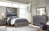 Lodanna Gray Panel Bedroom Set with Upholstered Bed and Storage Queen 5: Bed, Dresser, Mirror, Chest, NightStand from Decor Furniture