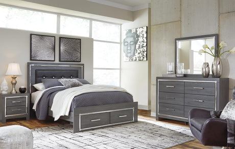 Lodanna Gray Panel Bedroom Set with Upholstered Bed and Storage Queen 5: Bed, Dresser, Mirror, Chest, NightStand from Decor Furniture