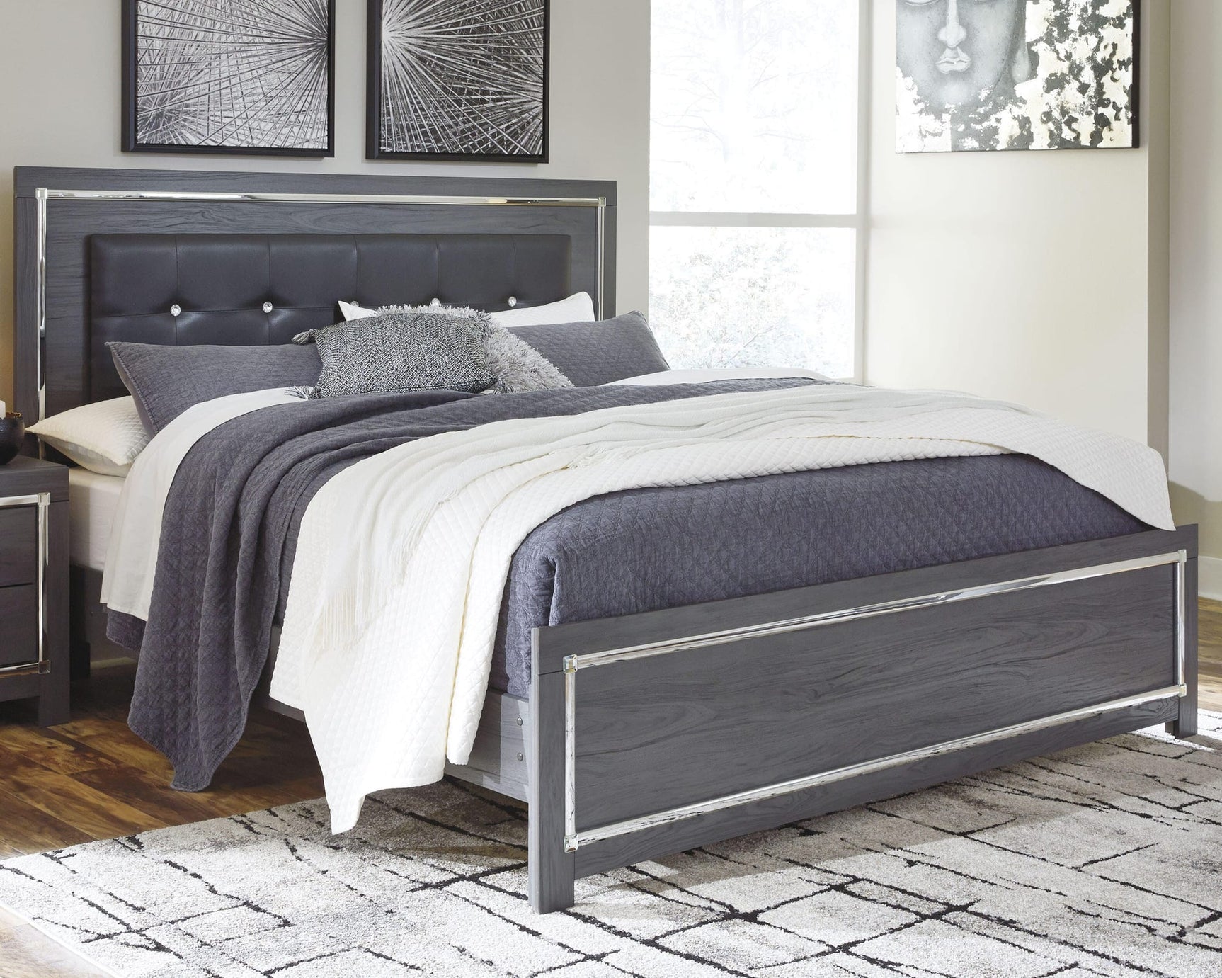 Lodanna Gray Panel Bedroom Set with Upholstered Bed and Storage King 4: Bed, Dresser, Mirror, NightStand from Decor Furniture