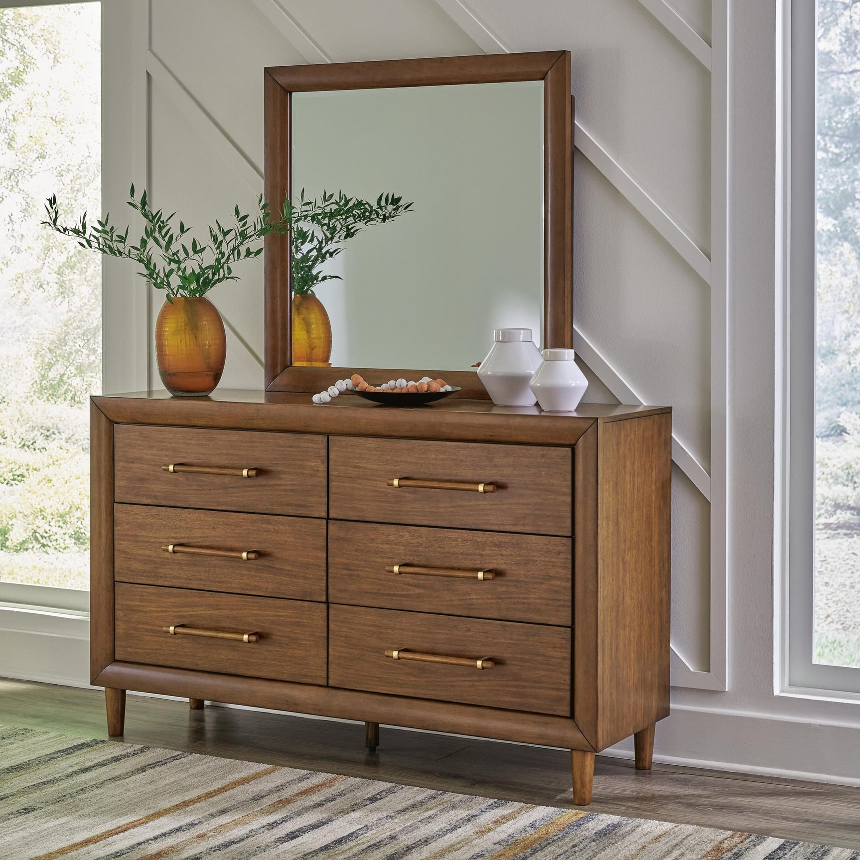 Lyncott Brown Upholstered Bedroom Set King 4: Bed, Dresser, Mirror, Chest from Decor Furniture