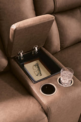 Mackmenville Caramel Faux Leather Reclining Loveseat with Console from Decor Furniture