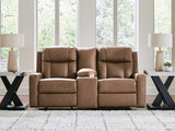 Mackmenville Caramel Faux Leather Reclining Loveseat with Console view 7