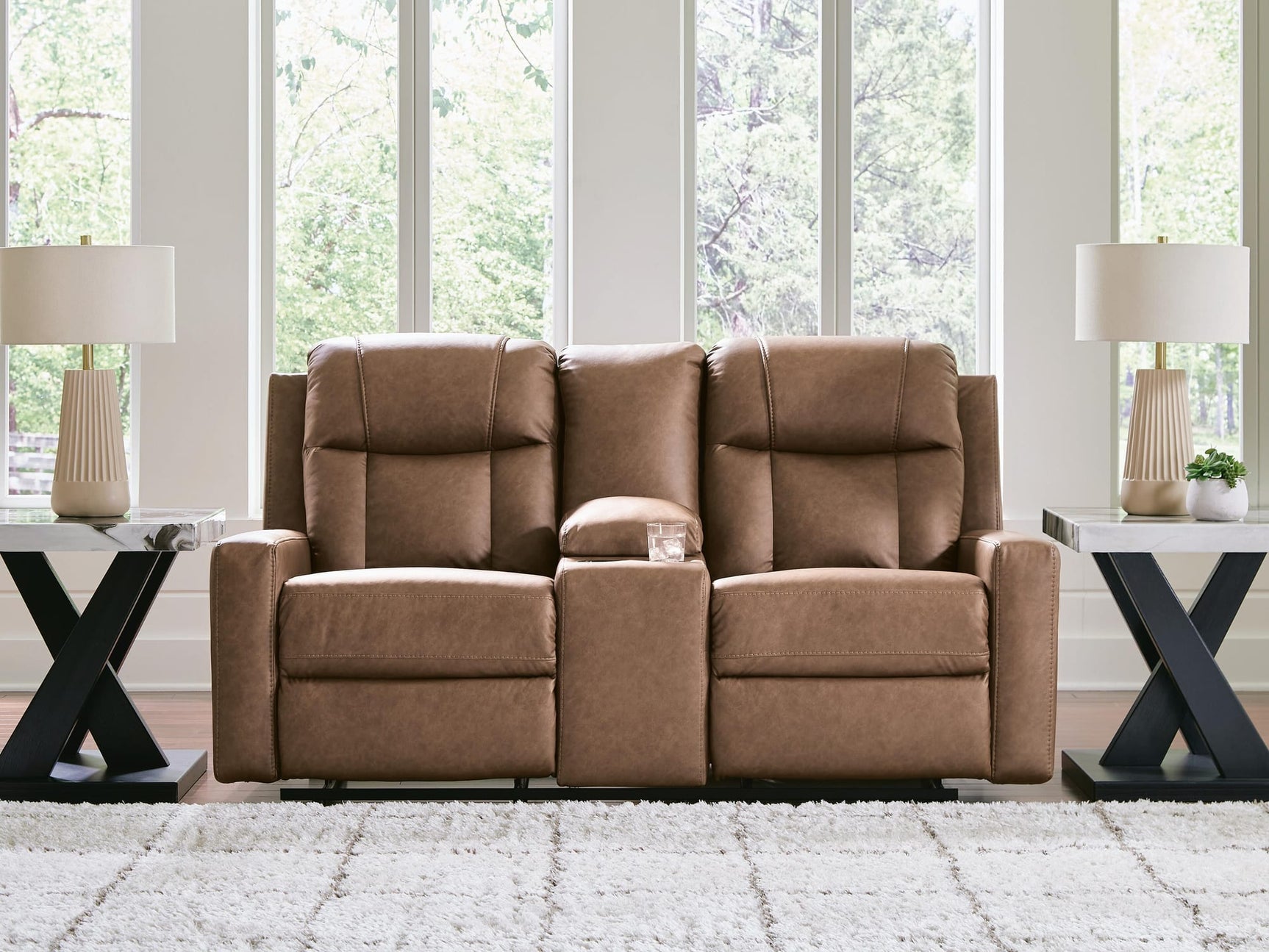 Mackmenville Caramel Faux Leather Reclining Loveseat with Console view 7