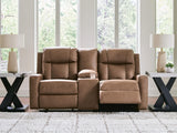 Mackmenville Caramel Faux Leather Reclining Loveseat with Console view 8