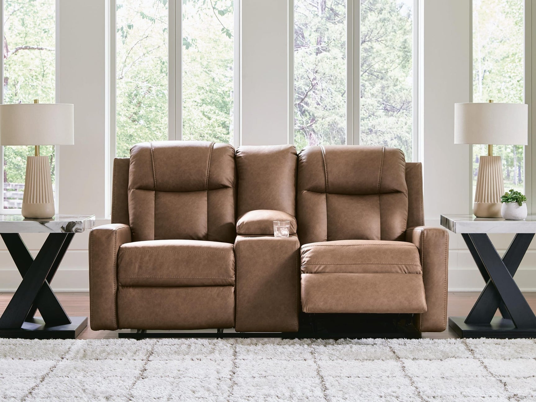 Mackmenville Caramel Faux Leather Reclining Loveseat with Console view 8