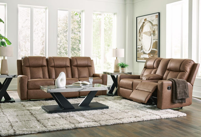 Mackmenville Caramel Reclining Sofa and Reclining Loveseat with Console from Decor Furniture