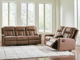 Mackmenville Caramel Reclining Sofa and Reclining Loveseat with Console view 4