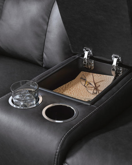 Mackmenville Carbon Faux Leather Reclining Loveseat with Console from Decor Furniture