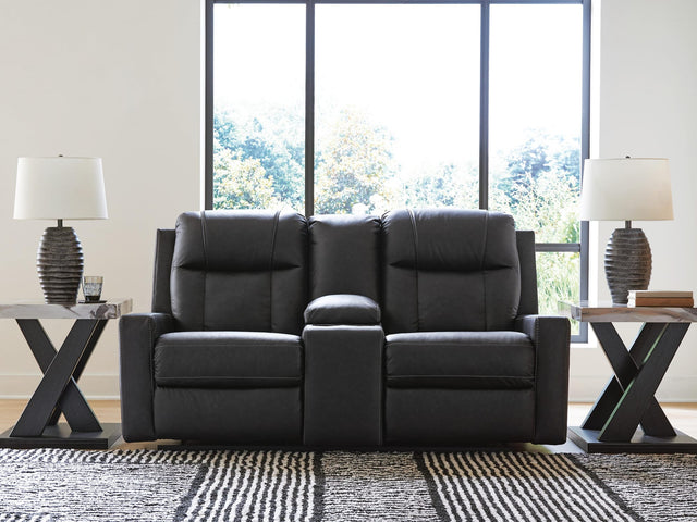 Mackmenville Carbon Faux Leather Reclining Loveseat with Console view 7