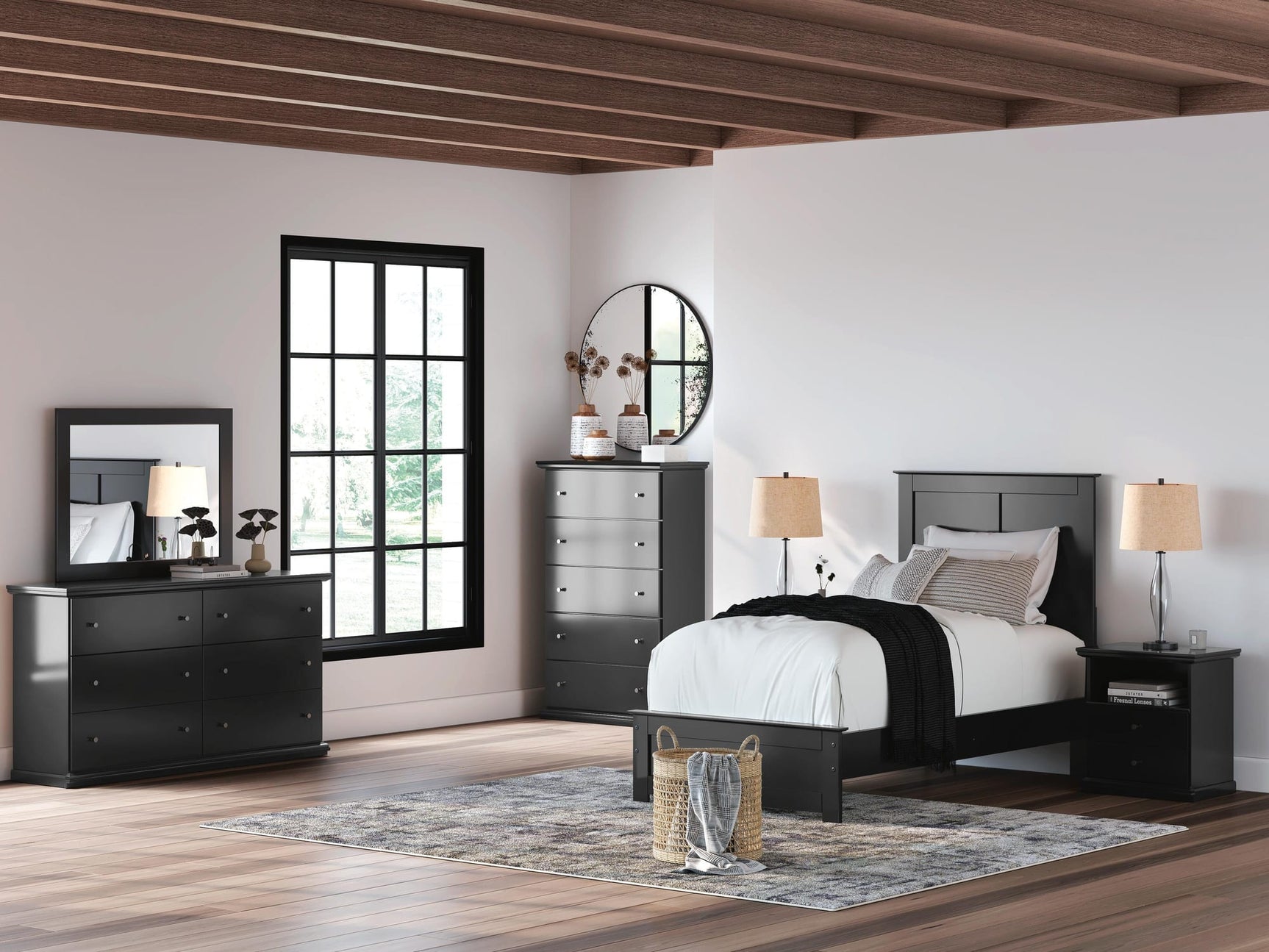 Maribel Black Panel Bedroom Set with Multiple Size and Piece Options Queen 4: Bed, Dresser, Mirror, NightStand from Decor Furniture