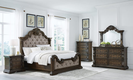 Maylee Dark Brown Upholstered Bedroom Set Queen 3: Bed, Dresser, Mirror from Decor Furniture