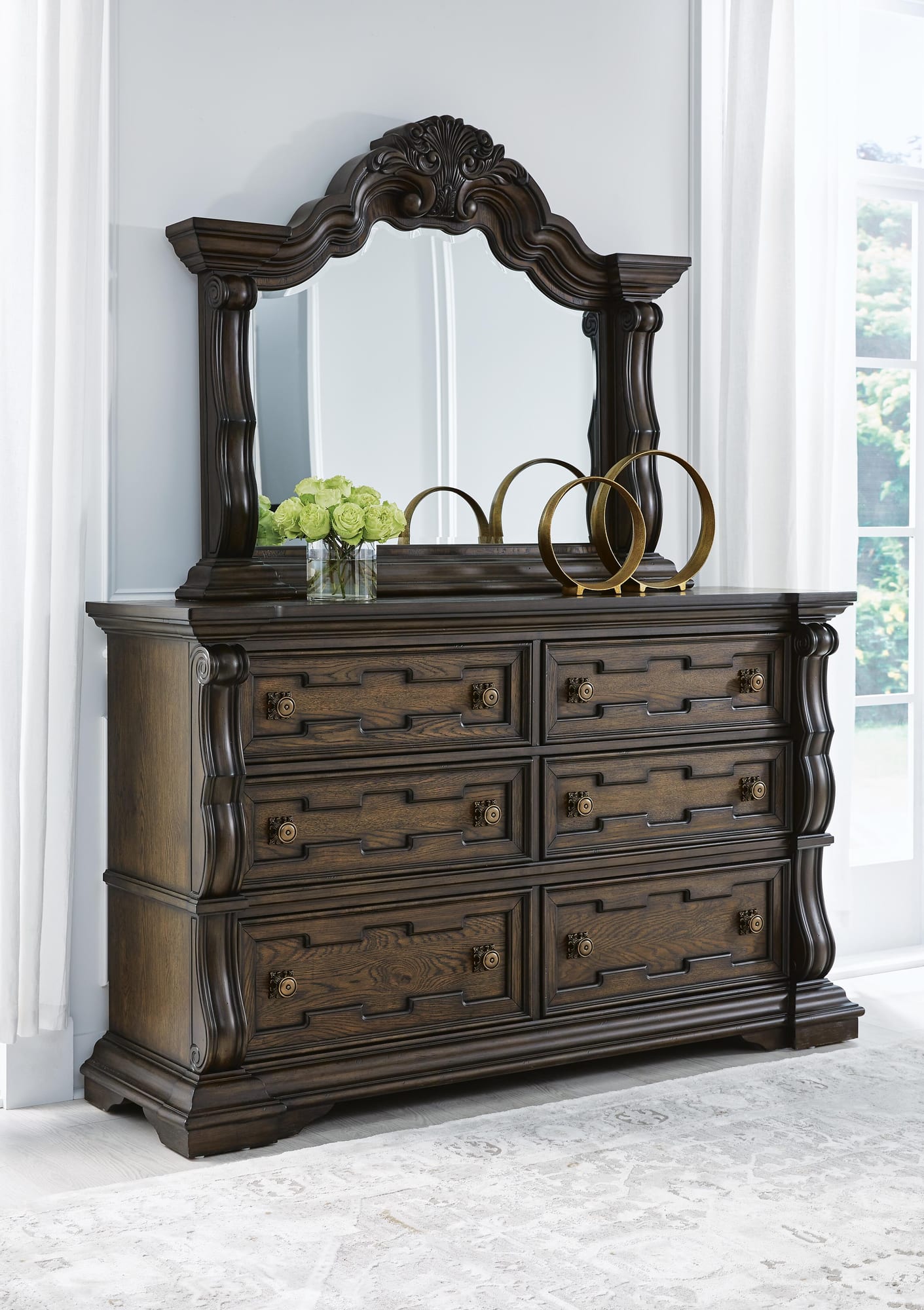 Maylee Dark Brown Upholstered Bedroom Set Queen 4: Bed, Dresser, Mirror, Chest from Decor Furniture
