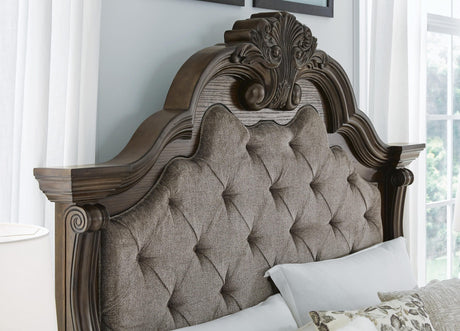 Maylee Dark Brown Upholstered Bedroom Set King 3: Bed, Dresser, Mirror from Decor Furniture