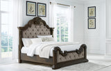 Maylee Dark Brown Upholstered Bedroom Set King 4: Bed, Dresser, Mirror, Chest from Decor Furniture