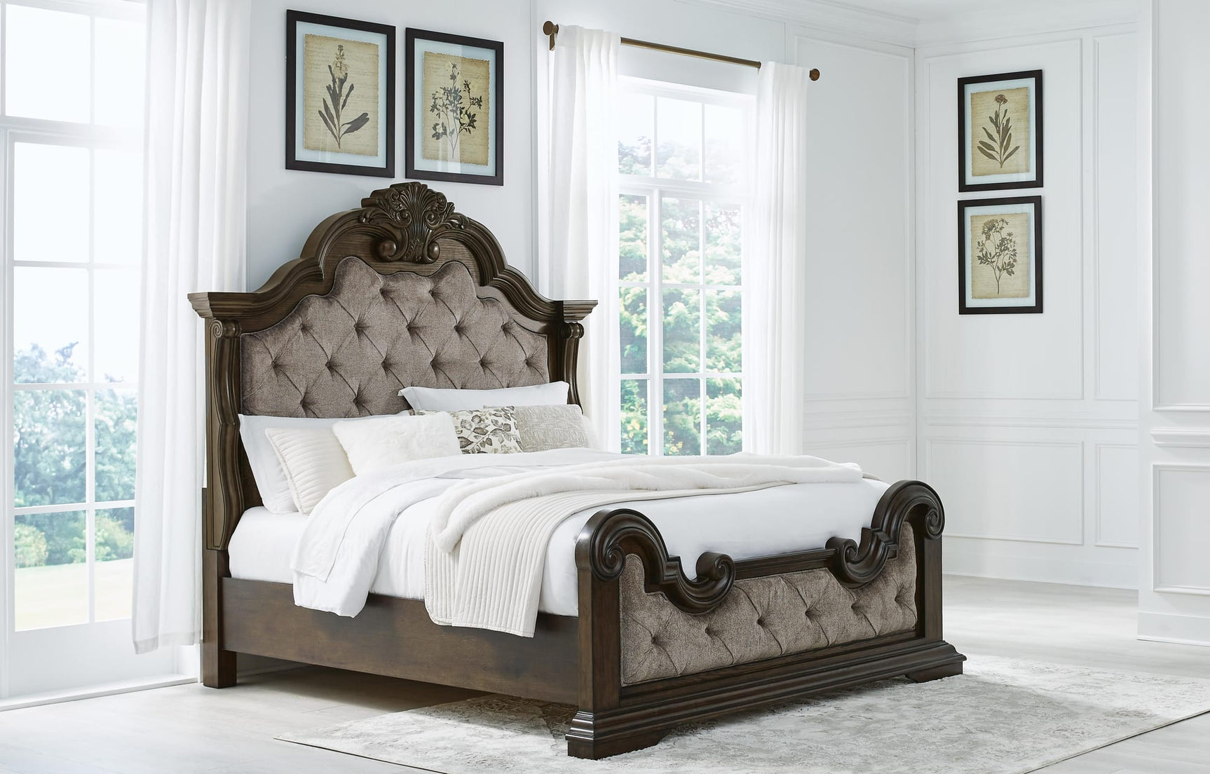 Maylee Dark Brown Upholstered Bedroom Set King 4: Bed, Dresser, Mirror, Chest from Decor Furniture
