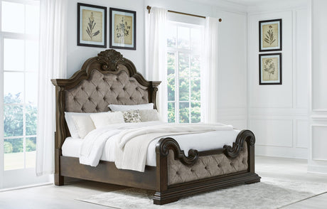 Maylee Dark Brown Upholstered Bedroom Set King 4: Bed, Dresser, Mirror, Chest from Decor Furniture