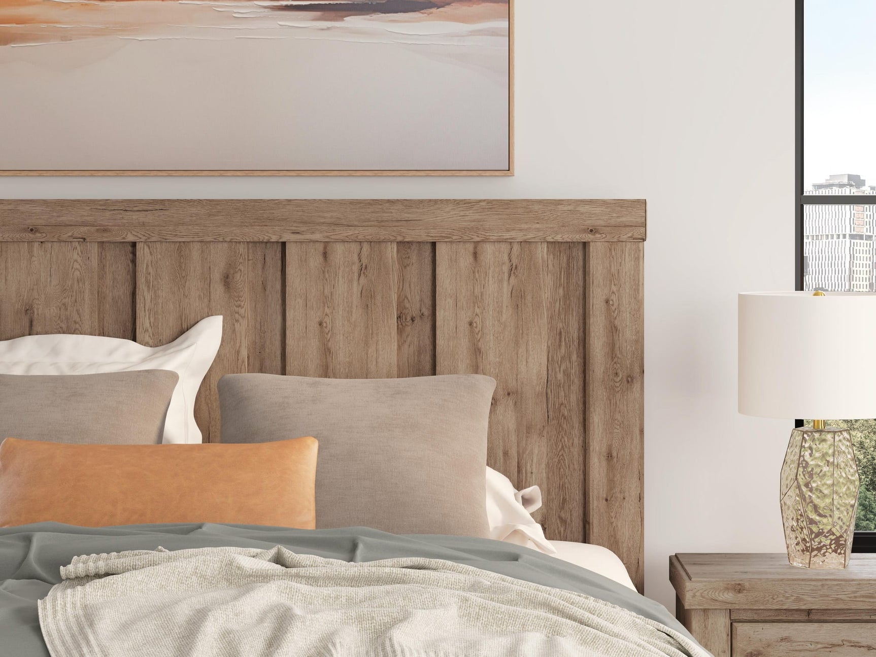 Oliandon Light Brown Panel Bedroom Set King 3: Bed, Dresser, Mirror from Decor Furniture