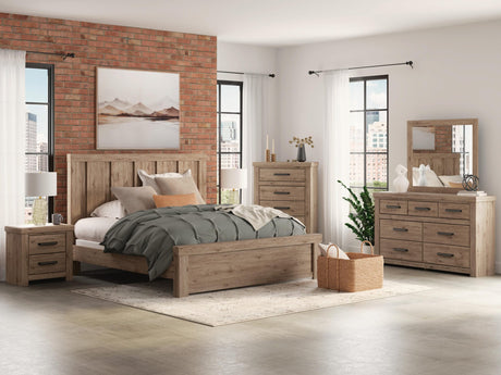 Oliandon Light Brown Panel Bedroom Set King 5: Bed, Dresser, Mirror, Chest, NightStand from Decor Furniture