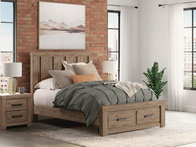 Oliandon Light Brown Panel Storage Bed. Dresser, Mirror Bedroom Set from Decor Furniture