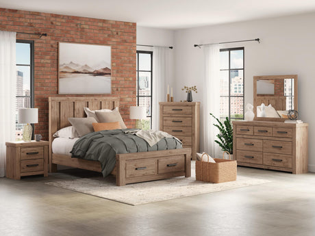 Oliandon Light Brown Panel Storage Bedroom Set Queen 5: Bed, Dresser, Mirror, Chest, NightStand from Decor Furniture