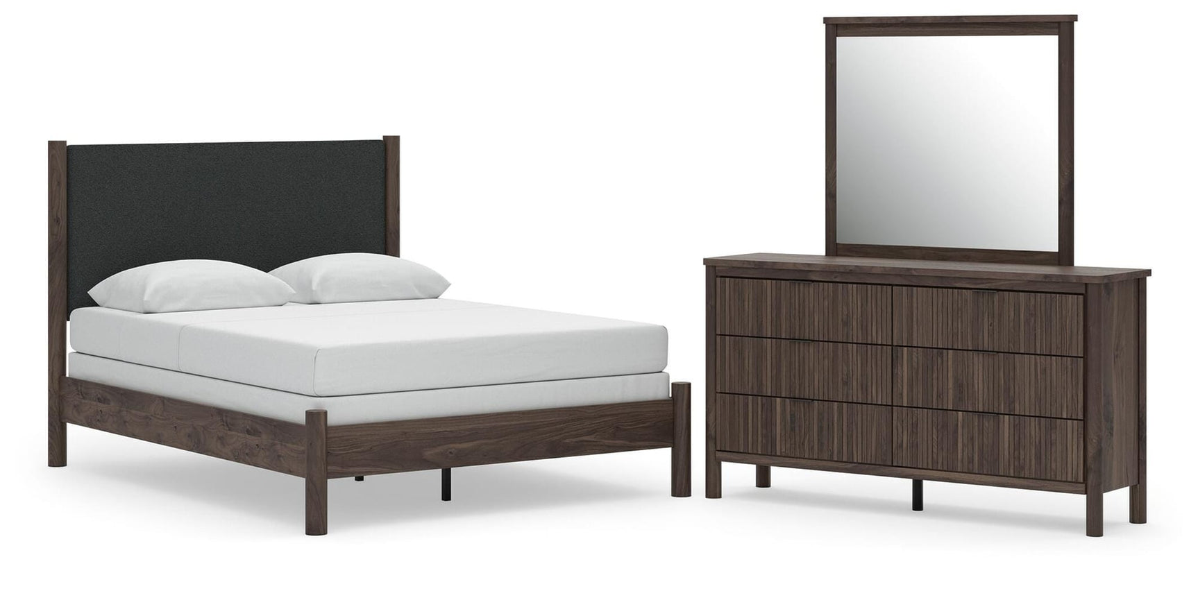 Pamytta Brown Upholstered Panel Bedroom Set Queen 3: Bed, Dresser, Mirror from Decor Furniture