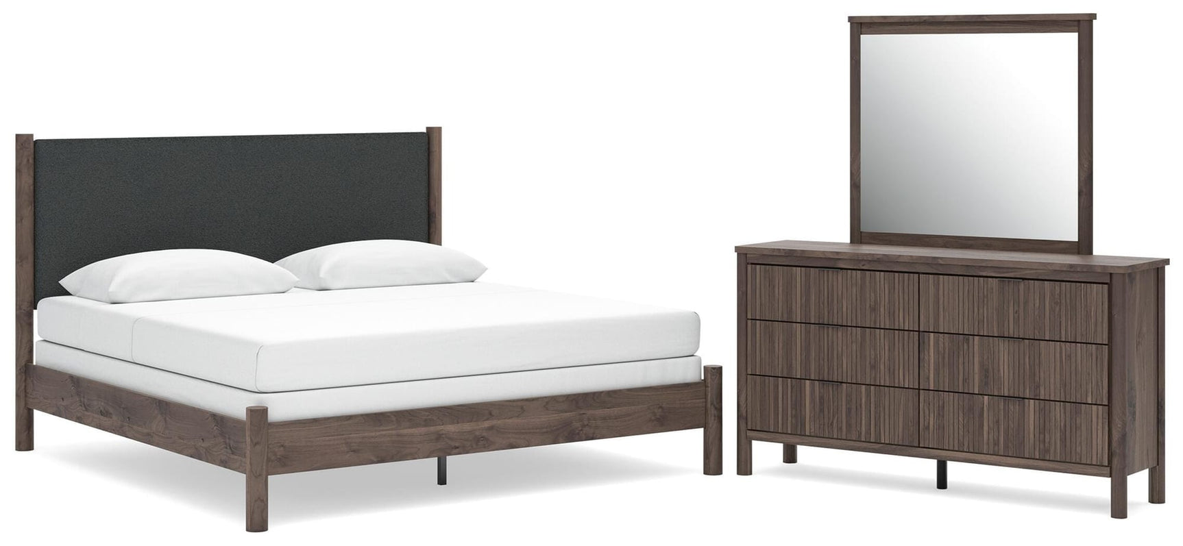 Pamytta Brown Upholstered Panel Bedroom Set King 3: Bed, Dresser, Mirror from Decor Furniture