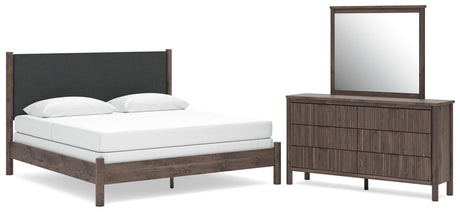 Pamytta Brown Upholstered Panel Bedroom Set King 3: Bed, Dresser, Mirror from Decor Furniture