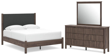 Pamytta Brown Upholstered Platform Bedroom Set Queen 3: Bed, Dresser, Mirror from Decor Furniture