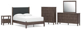 Pamytta Brown Upholstered Platform Bedroom Set Full 5: Bed, Dresser, Mirror, Chest, NightStand from Decor Furniture