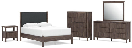 Pamytta Brown Upholstered Platform Bedroom Set Full 5: Bed, Dresser, Mirror, Chest, NightStand from Decor Furniture