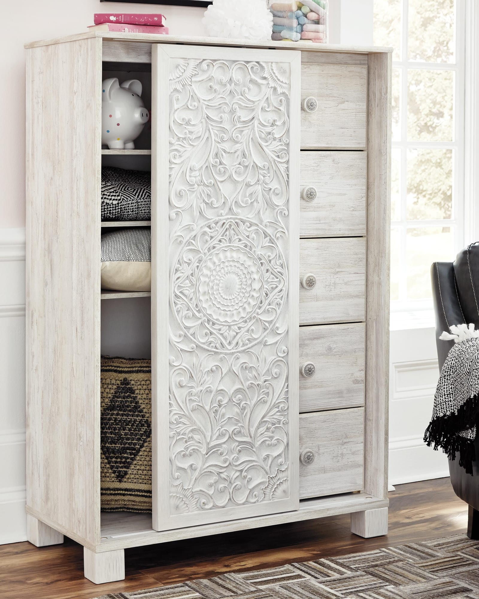 Paxberry Whitewash Panel Bedroom Set Queen 4: Bed, Dresser, Mirror, Chest from Decor Furniture