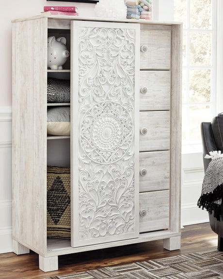 Paxberry Whitewash Panel Bedroom Set Queen 4: Bed, Dresser, Mirror, Chest from Decor Furniture