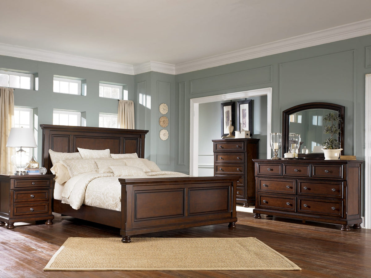 Porter Rustic Brown Panel Bedroom Set with Bed, Dresser, Mirror, Nightstand, and Chest King 3: Bed, Dresser, Mirror from Decor Furniture