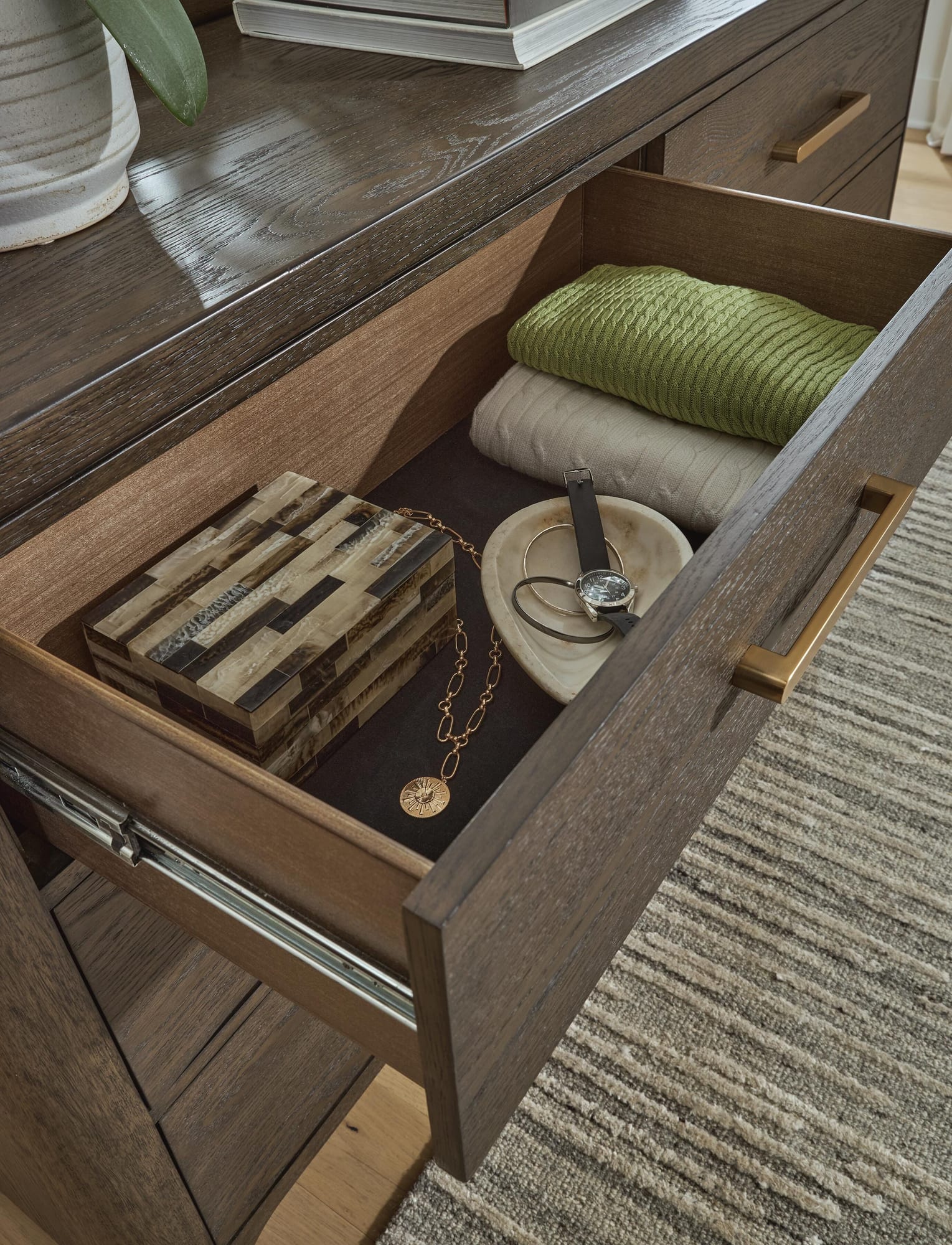 Radkin Burnished Brown Dresser and Mirror detail view