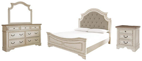 Realyn Chipped White Upholstered Panel Bedroom Set by Ashley King 4: Bed, Dresser, Mirror, NightStand from Decor Furniture
