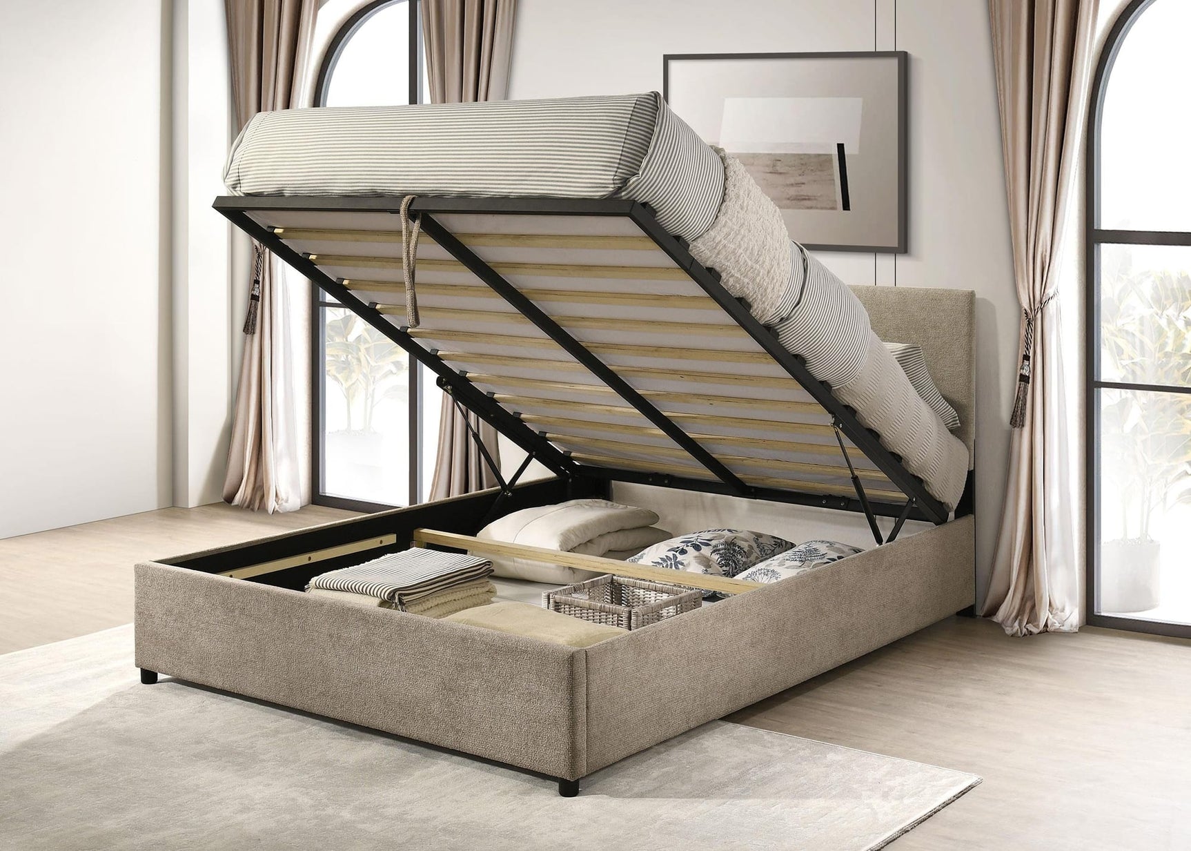 Reeves Upholstered Queen Lift-Top Storage Platform Bed Tan view 3