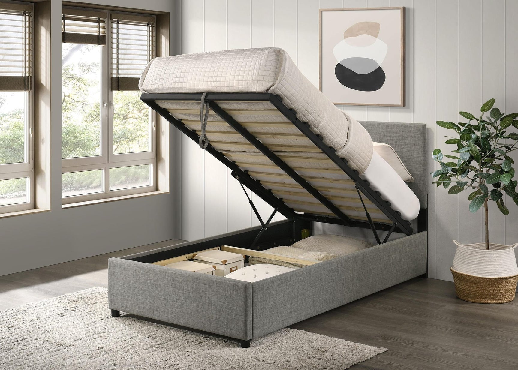 Reeves Upholstered Twin Lift-Top Storage Platform Bed Grey view 3