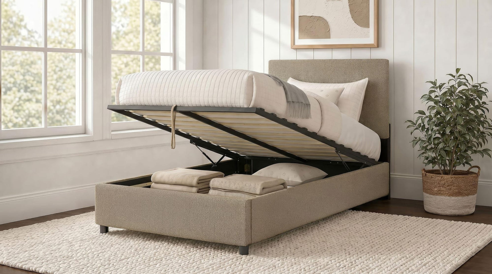 Reeves Upholstered Twin Lift-Top Storage Platform Bed Tan view 3