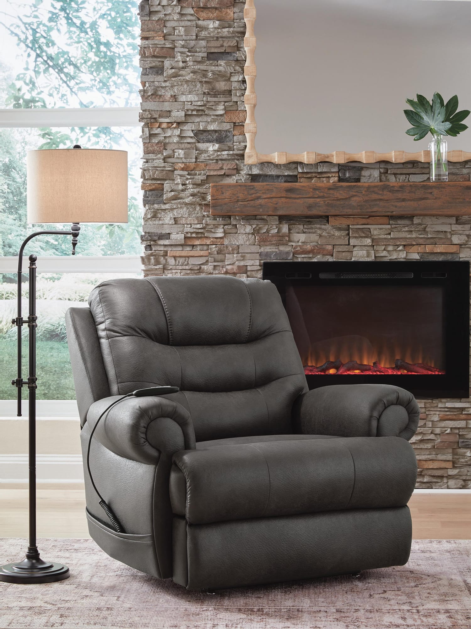 Revived and Restored Granite Faux Leather Power Lift Recliner angled view