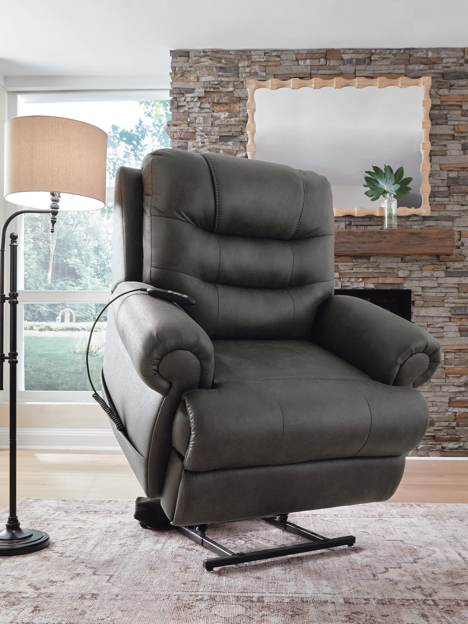 Revived and Restored Granite Faux Leather Power Lift Recliner angled view