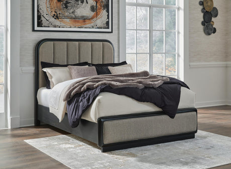 Rowanbeck Gray/Black Upholstered Panel Bedroom Set Queen 3: Bed, Dresser, Mirror from Decor Furniture