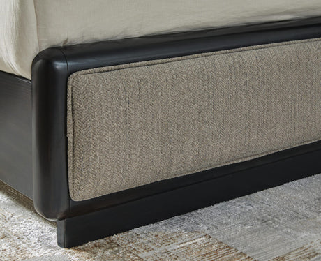Rowanbeck Gray/Black Upholstered Panel Bedroom Set Queen 4: Bed, Dresser, Mirror, Chest from Decor Furniture