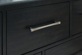 Rowanbeck Gray/Black Upholstered Panel Bedroom Set King 3: Bed, Dresser, Mirror from Decor Furniture