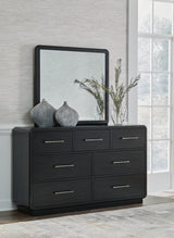 Rowanbeck Gray/Black Upholstered Panel Bedroom Set King 4: Bed, Dresser, Mirror, Chest from Decor Furniture