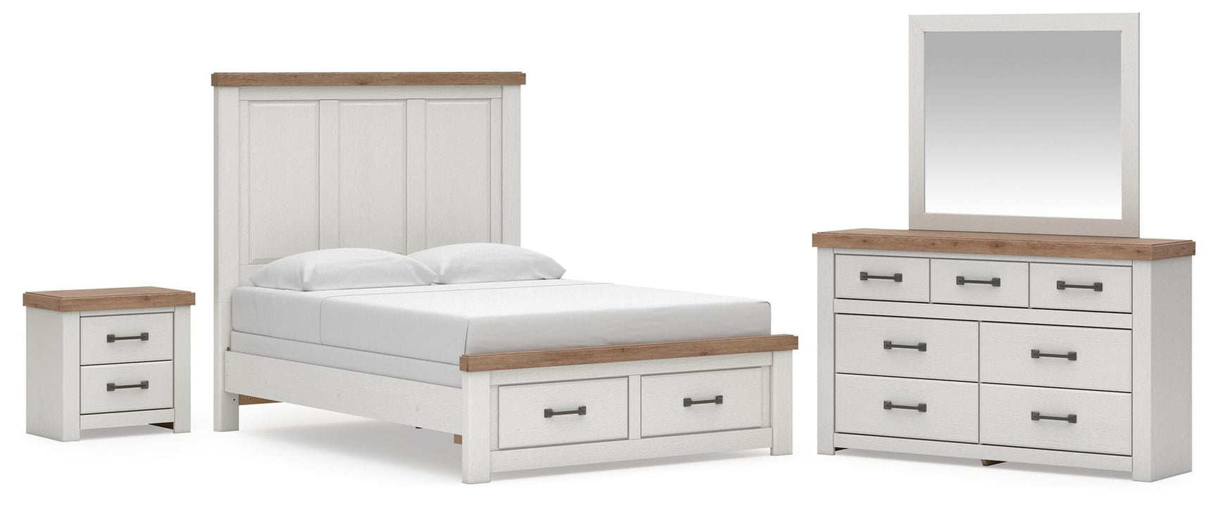 Savonport White/Brown Panel Storage Bed. Dresser, Mirror Bedroom Set from Decor Furniture