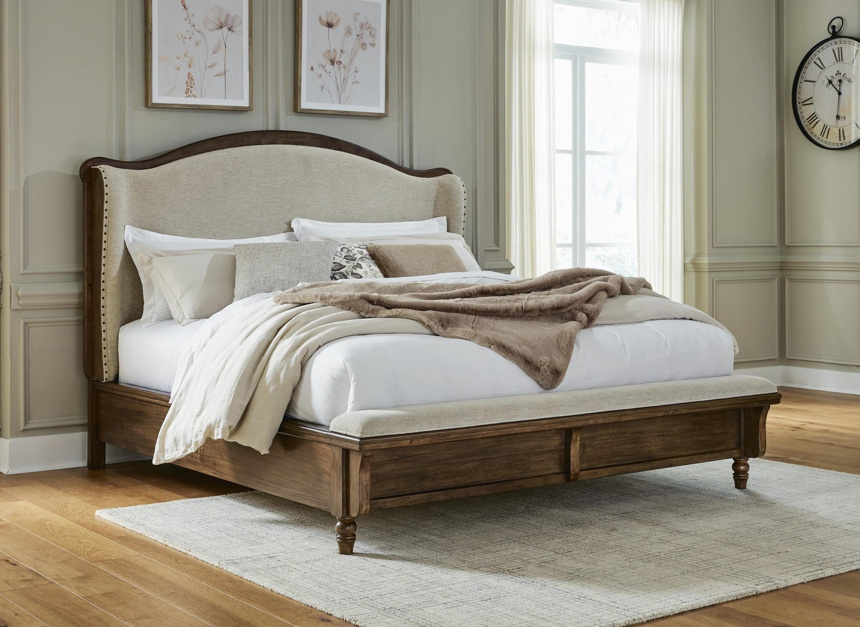 Sturlayne Brown Upholstered Panel Bedroom Set Queen 3: Bed, Dresser, Mirror from Decor Furniture