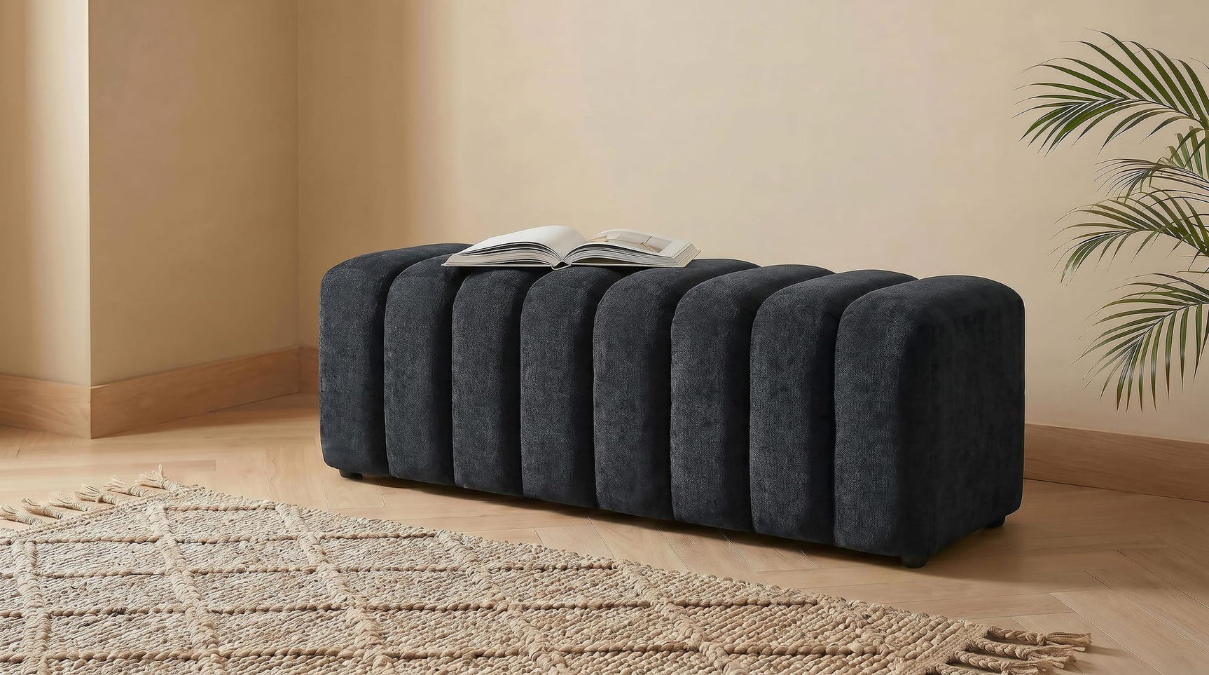 Summer Chenille Upholstered Channel Accent Bench Black view 2