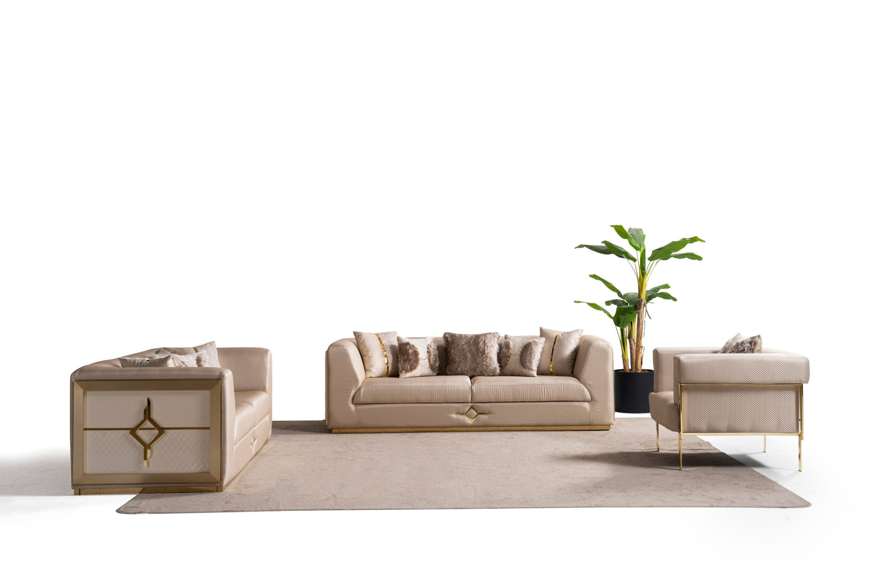 Vega Sofa, Loveseat, and Chair Set with Textured Upholstery and Gold Accents view 6