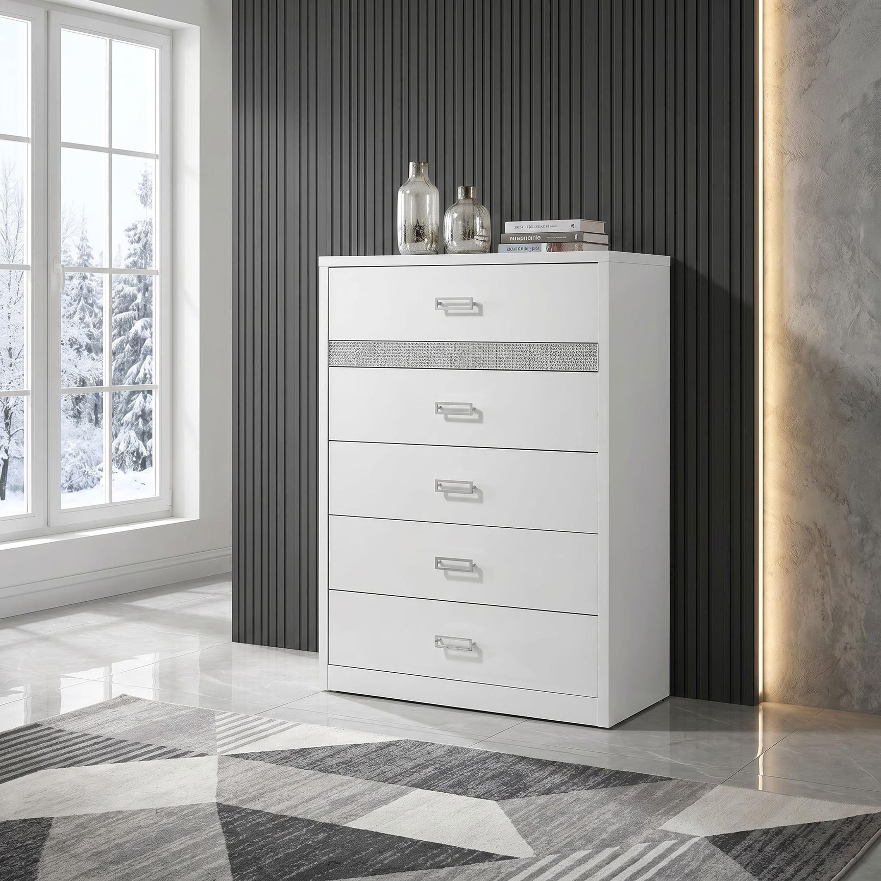 Viana 5-Drawer Chest of Drawers with Chrome Pulls White High Gloss view 2