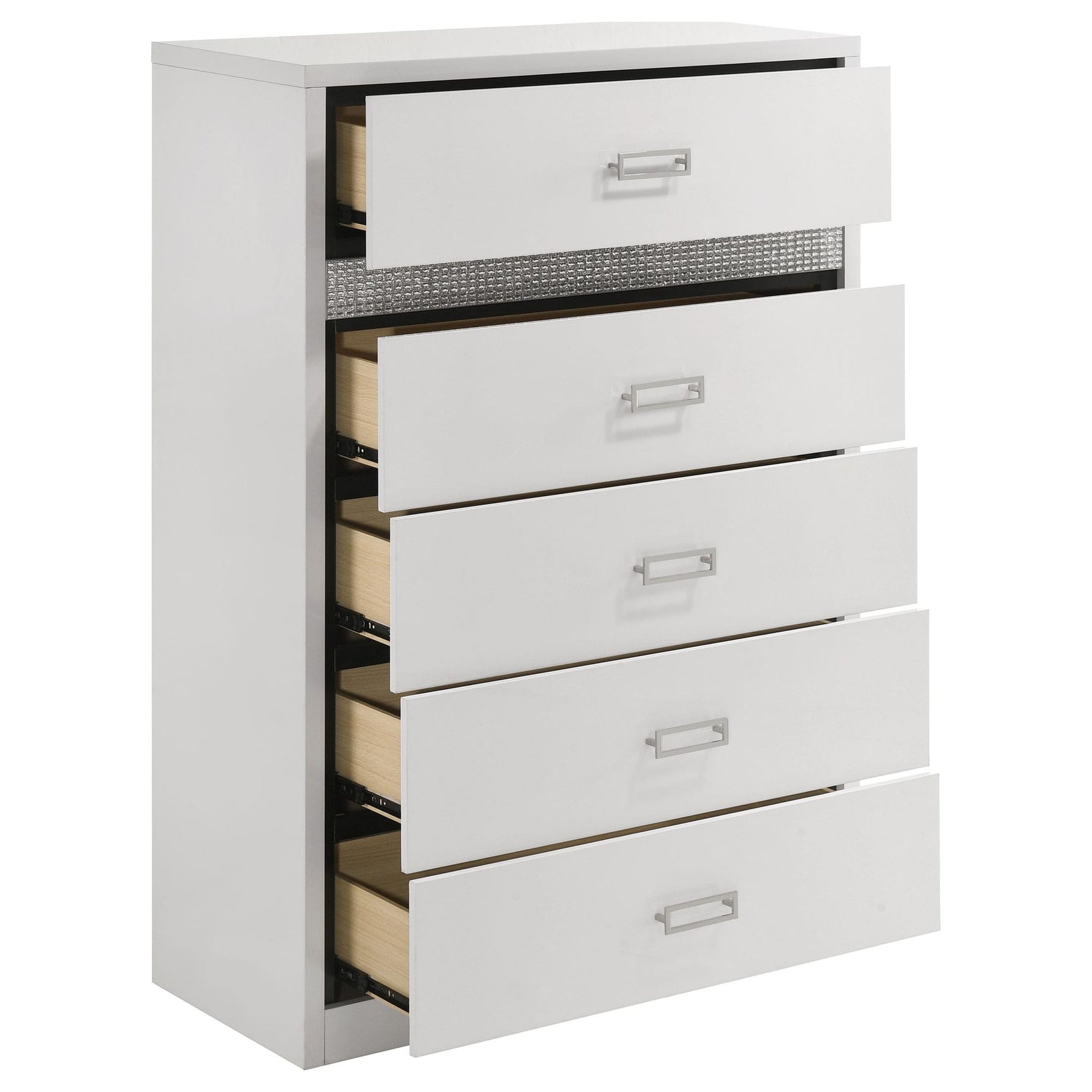 Viana 5-Drawer Chest of Drawers with Chrome Pulls White High Gloss view 10
